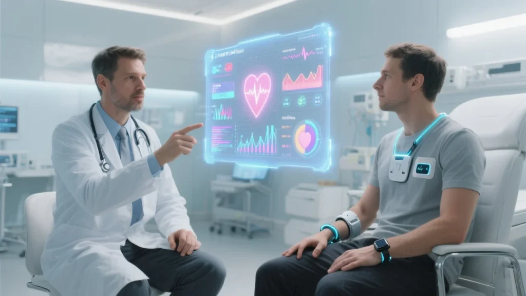 A modern, well-lit medical consultation room with a doctor and a patient engaged in discussion.
