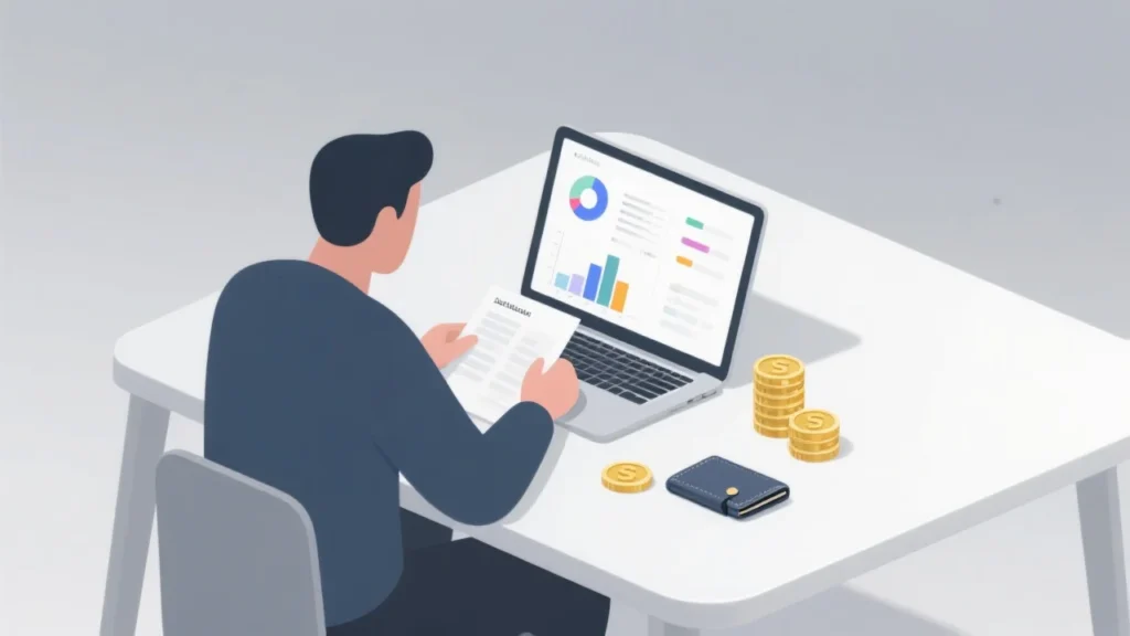 A modern image of a person reviewing a budget on a laptop, with charts and graphs on the screen, coins, and a wallet on the table.