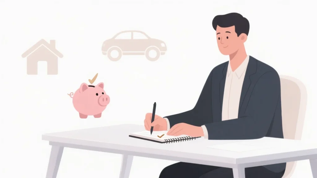 A clean illustration of a person writing in a notebook with a checklist, surrounded by icons of a house, car, and piggy bank.