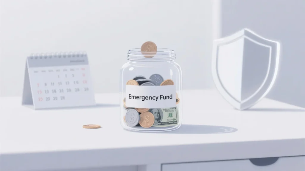 A minimalist illustration of a glass jar labeled "Emergency Fund" filled with coins and bills, with a calendar and shield icon nearby.