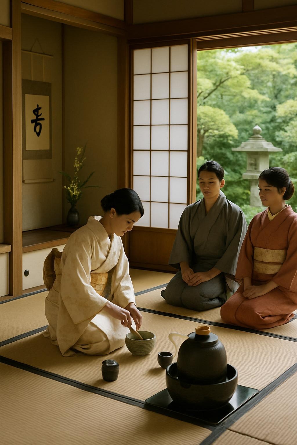 A traditional Japanese tea ceremony inside a serene tatami room.