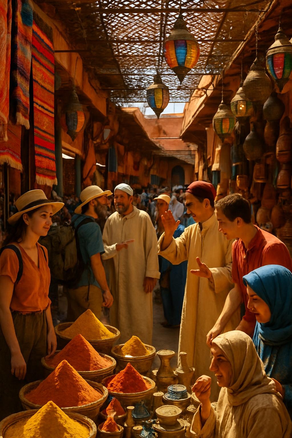 A vibrant scene of travelers exploring a bustling traditional market in Marrakech, Morocco.