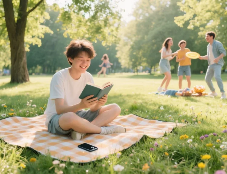 A serene summer park scene bathed in sunlight