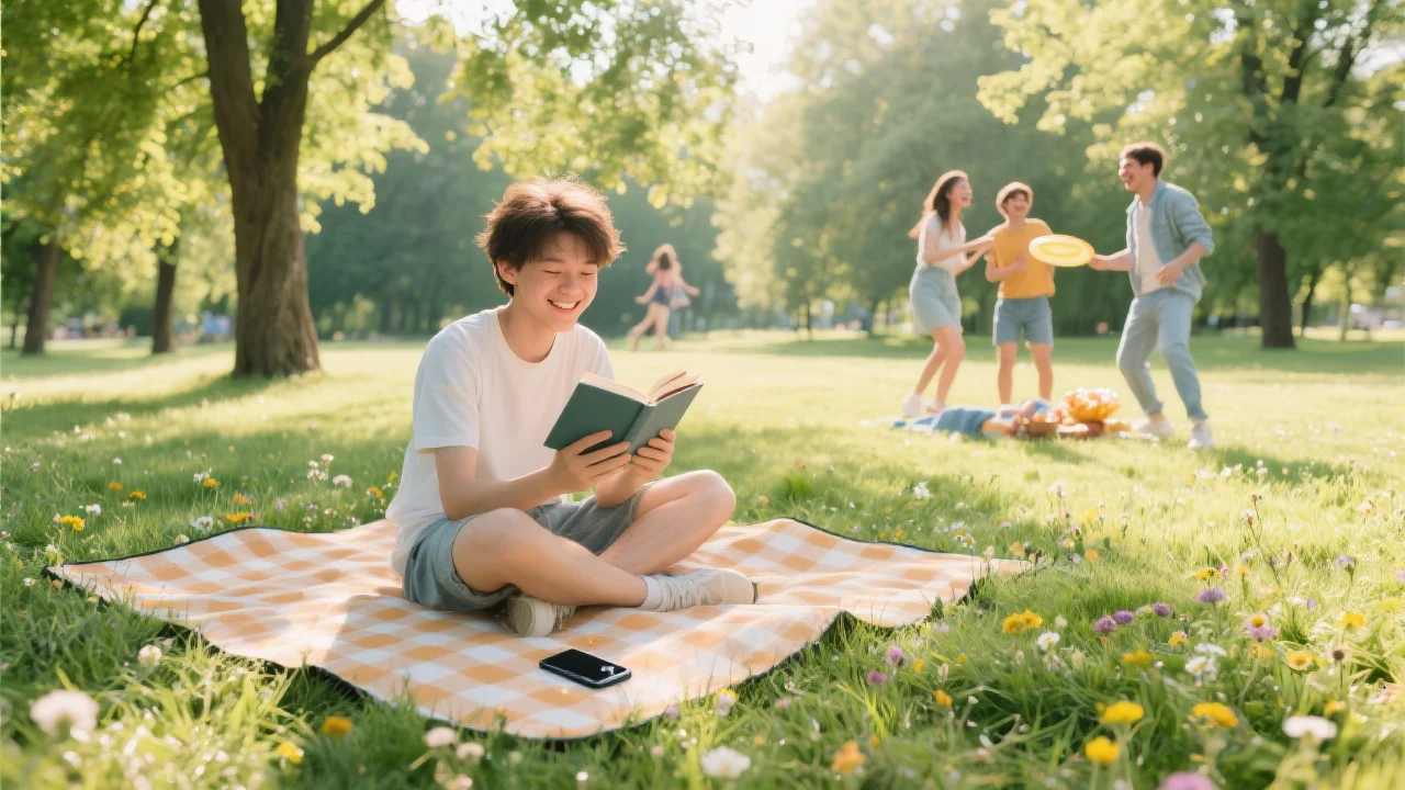 A serene summer park scene bathed in sunlight