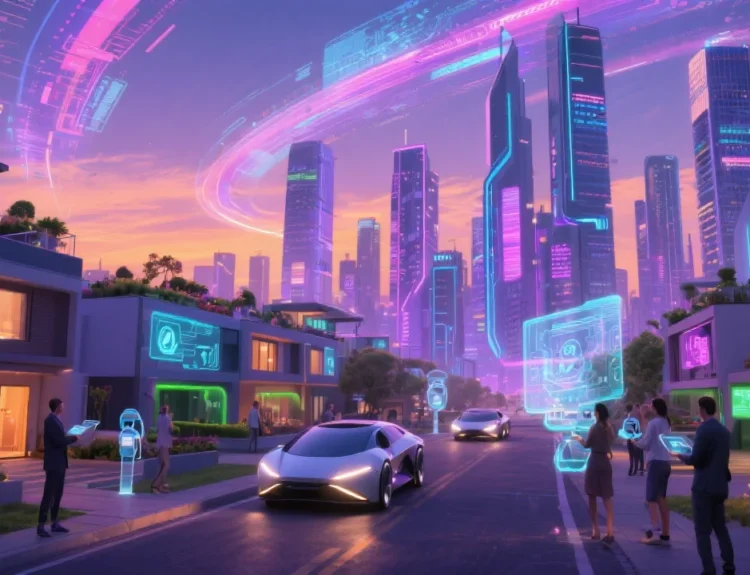A vibrant futuristic cityscape at dusk, bathed in a soft purple and orange twilight.