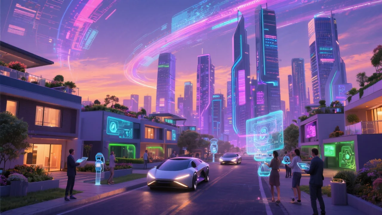 A vibrant futuristic cityscape at dusk, bathed in a soft purple and orange twilight.