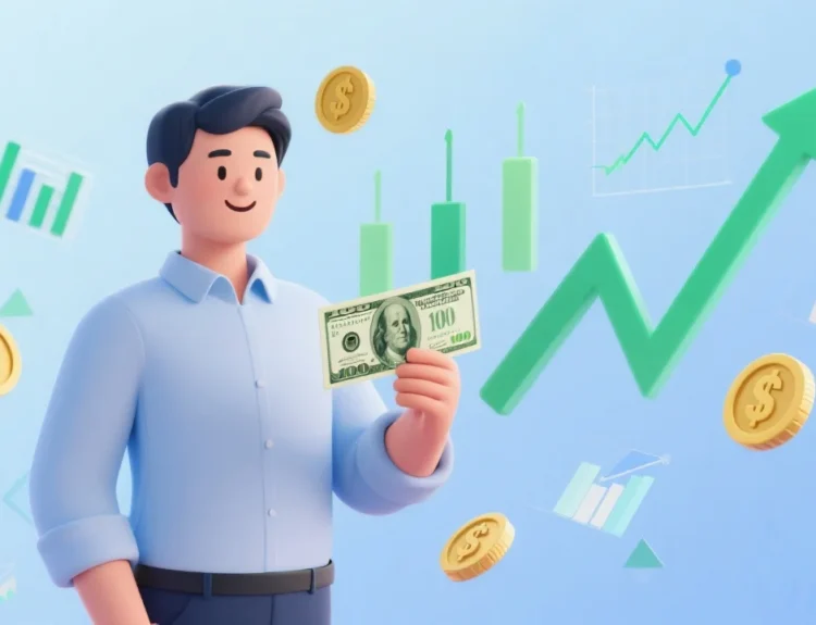 a person in business casual attire holding a crisp one hundred dollar bill prominently in their hand