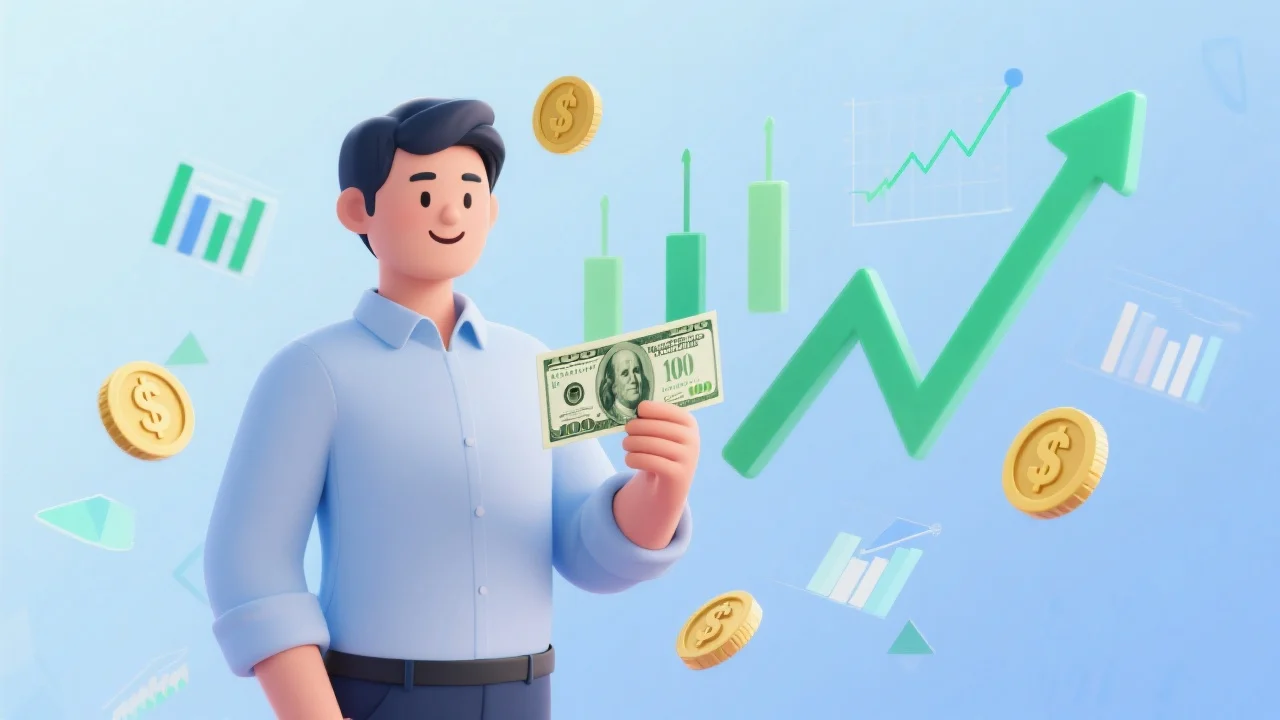 a person in business casual attire holding a crisp one hundred dollar bill prominently in their hand