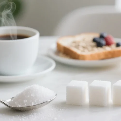 a silver spoon heaped with fine, white saccharin crystals placed next to three neatly stacked white sugar cubes