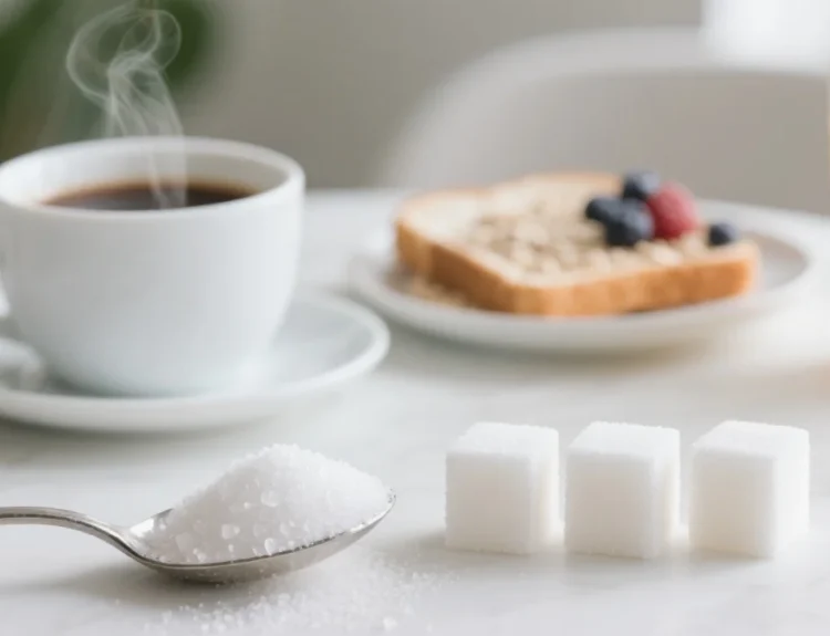 a silver spoon heaped with fine, white saccharin crystals placed next to three neatly stacked white sugar cubes