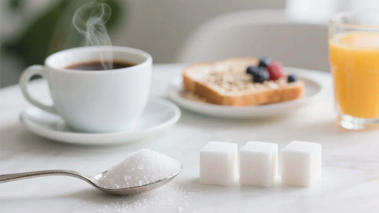 a silver spoon heaped with fine, white saccharin crystals placed next to three neatly stacked white sugar cubes