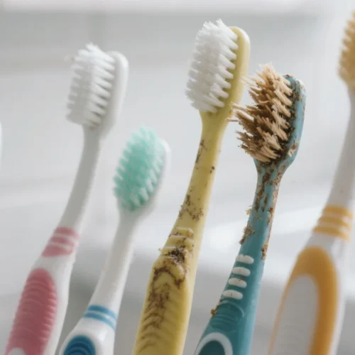 close-up shot of several toothbrushes