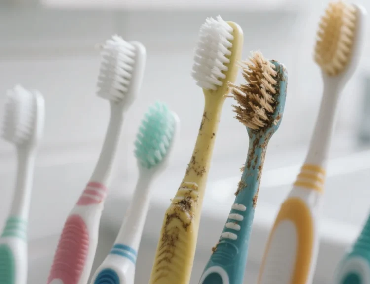 close-up shot of several toothbrushes