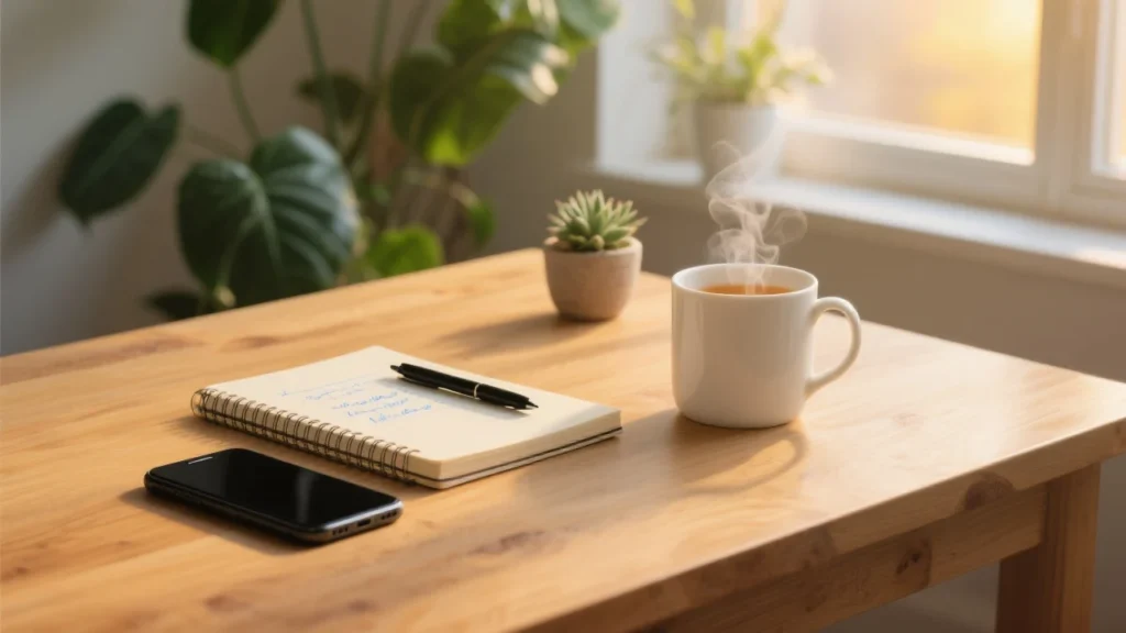 Coffee, phone, and notebook on a table with a calm view