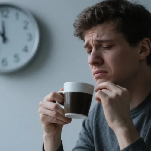 holding a coffee cup but hesitating to drink it