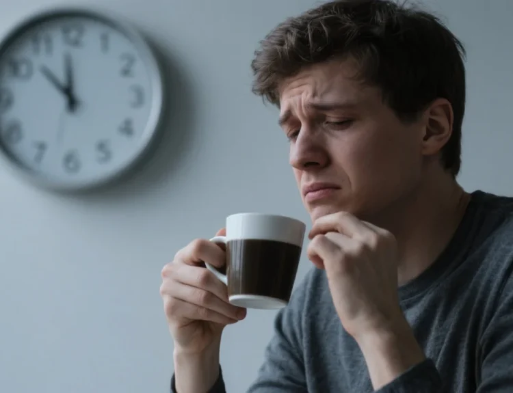 holding a coffee cup but hesitating to drink it