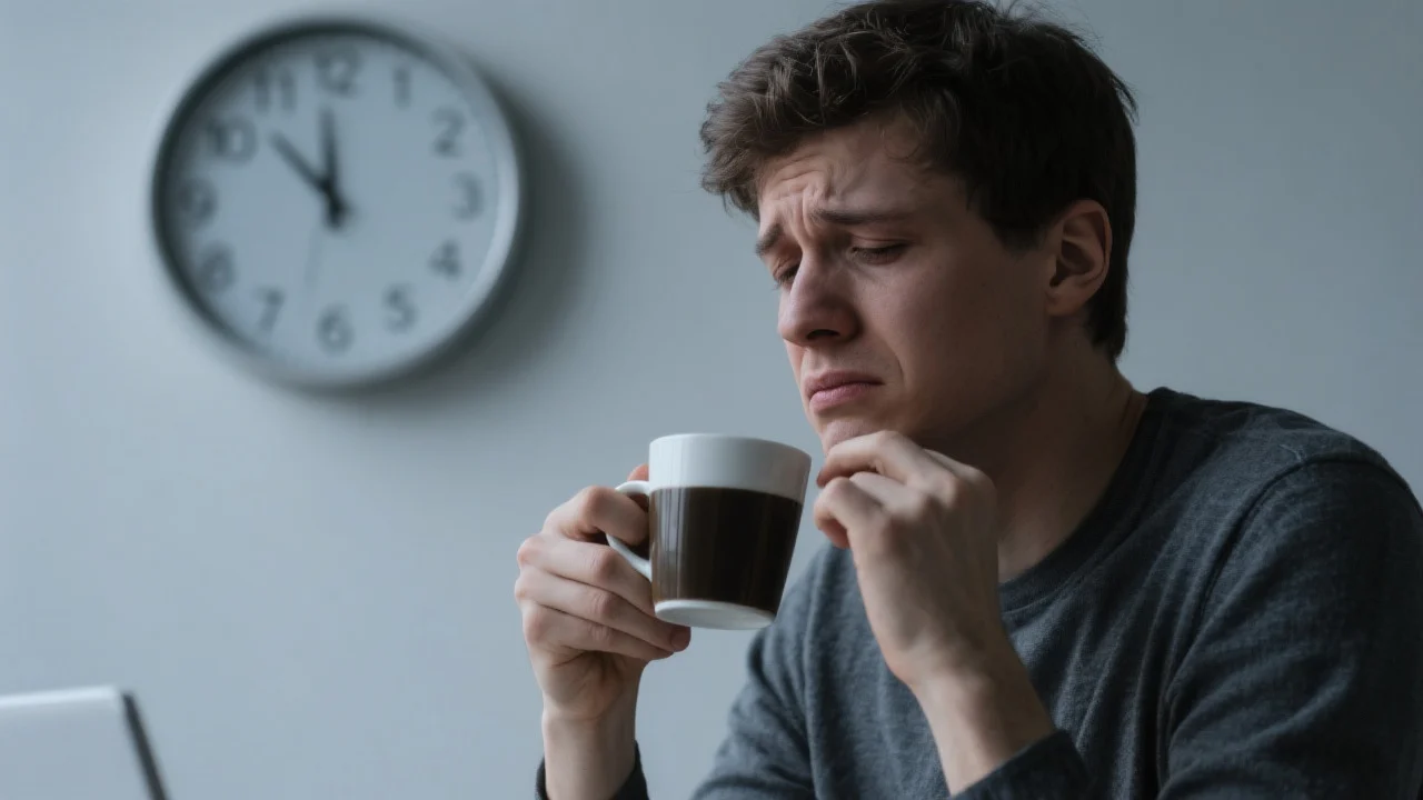 holding a coffee cup but hesitating to drink it