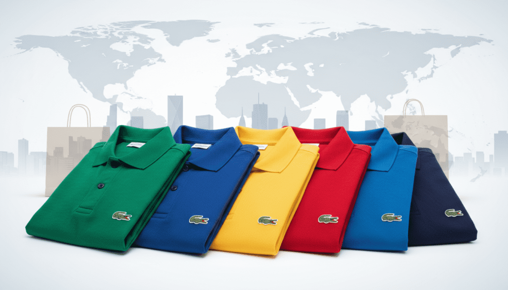 Collage-style image with a subtle world map background, colorful folded polos with generic reptile logos in the foreground, plus faint city skylines and shopping bags.