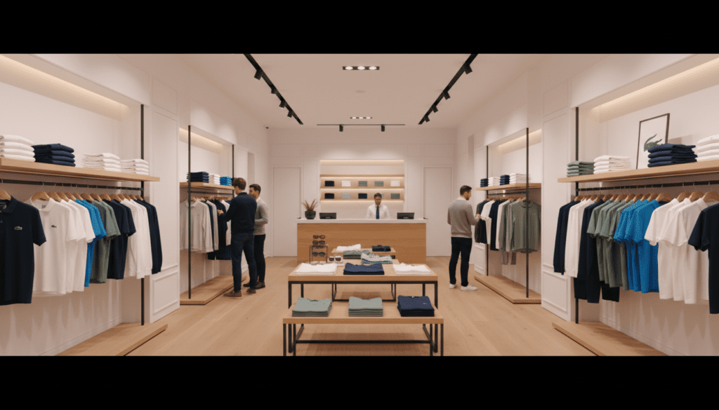 Cinematic interior of a modern premium fashion boutique with rows of polos and casual wear, some with small generic reptile logos, warm lighting, shoppers browsing.