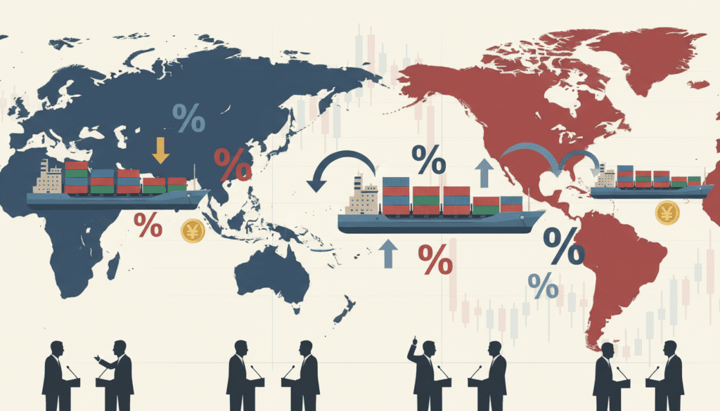 A stylized world map centered on the Pacific Ocean, with:The United States is on the right and China is on the left, both subtly highlighted in distinct colors.